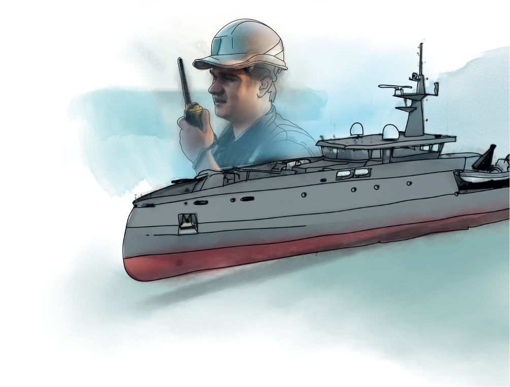 Illustration représentant un navire CMN et un technicien qui parle dans un talkie-walkie
