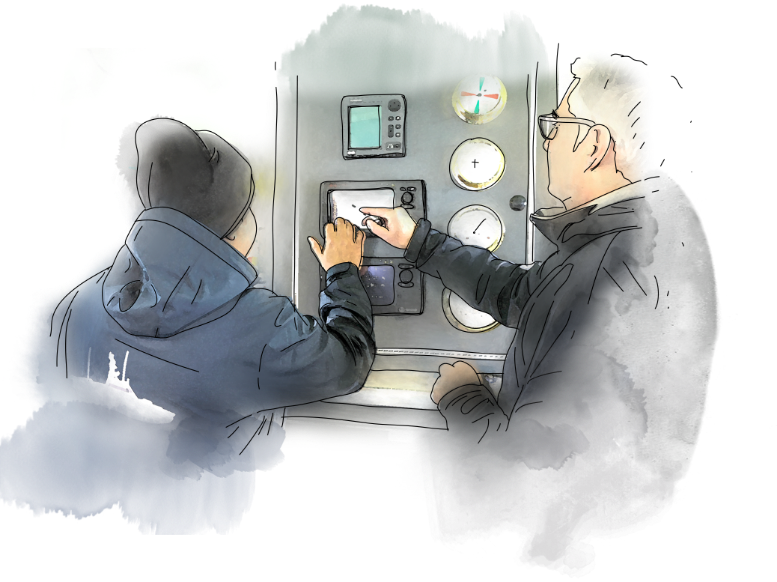 Illustration qui représente deux hommes devant un panneau de contrôle